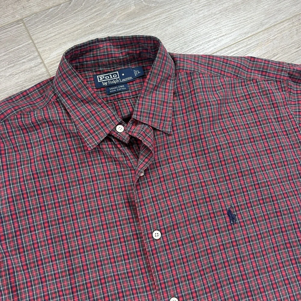 Vintage Polo Ralph Lauren Shirt Mens L Red Plaid Marlowe 100%‎ Cotton Christmas